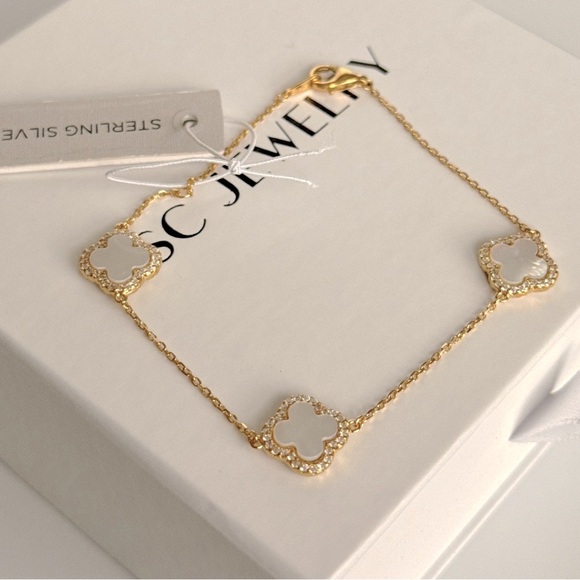 Rachel Zoe Clover Bracelet Cubic Zirconia Mother of Pearl 925 Sterling Silver - Picture 3 of 5